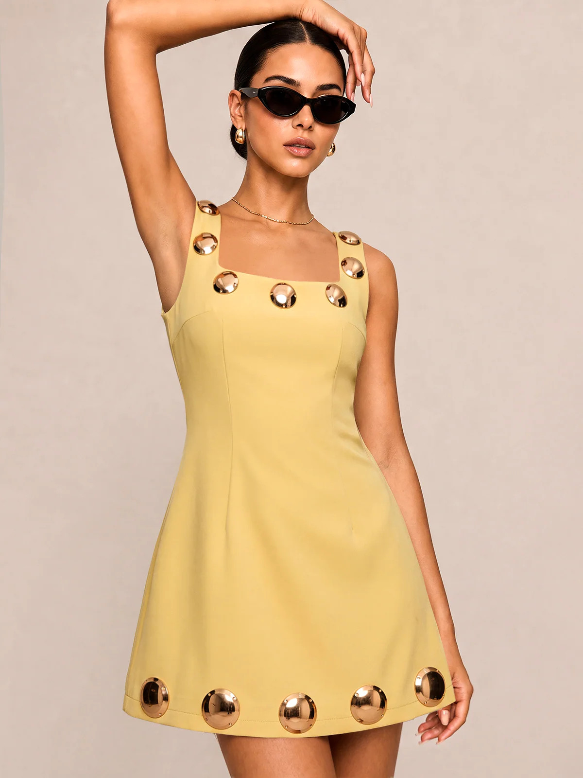 Square Neck Metal Detail A-Line Mini Dress | Commense
