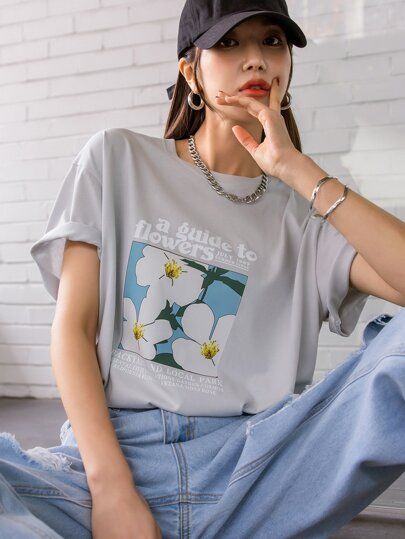 DAZY Floral & Slogan Graphic Drop Shoulder Tee | SHEIN