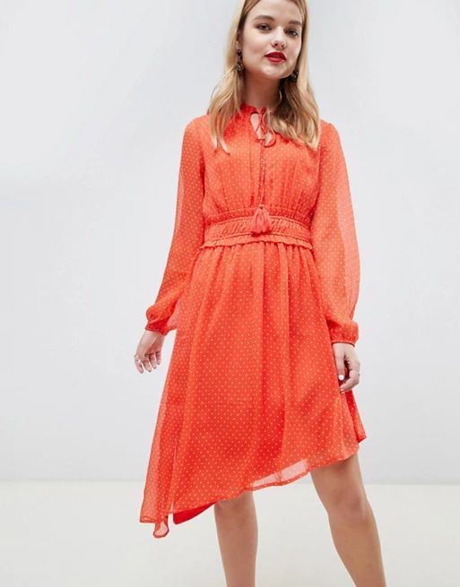Vero Moda polka dot asymmetric prarie dress in orange | ASOS US