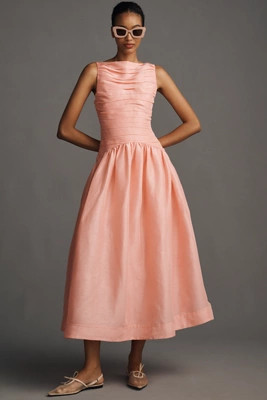 Lovaan Val Sleeveless Ruched Linen-Silk Midi Dress | Anthropologie (US)