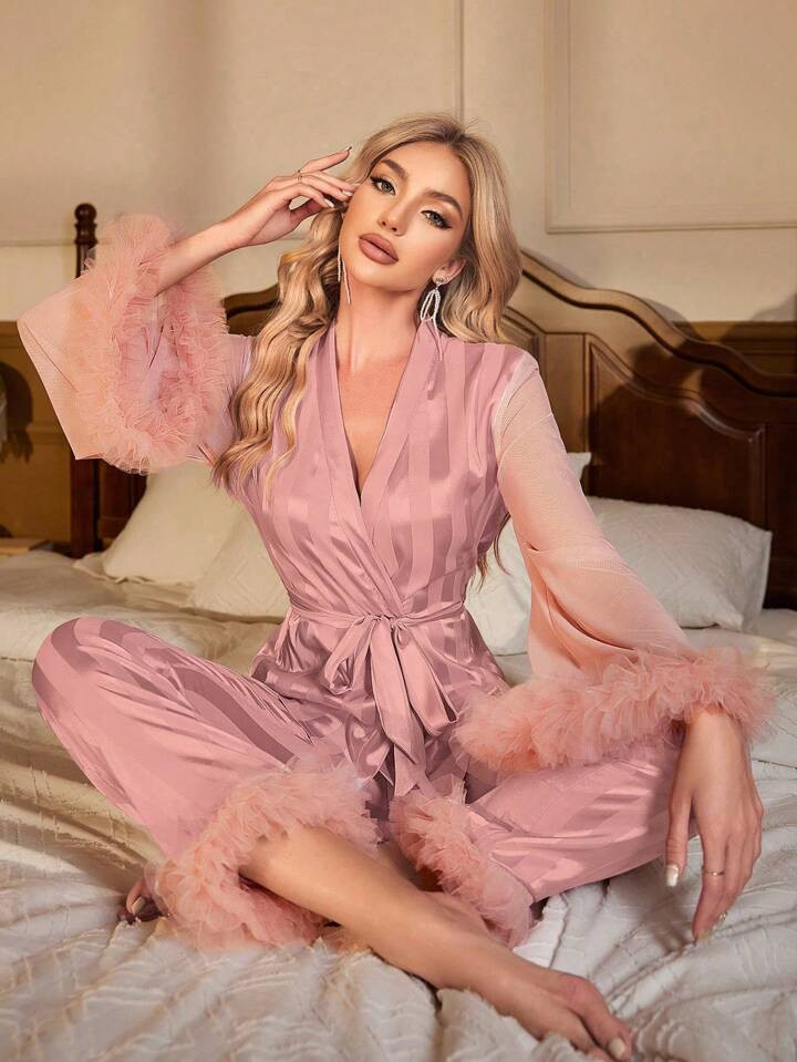 Women's Striped Long Sleeve Top And Pants Pajama Set With Lace Detailing | SHEIN