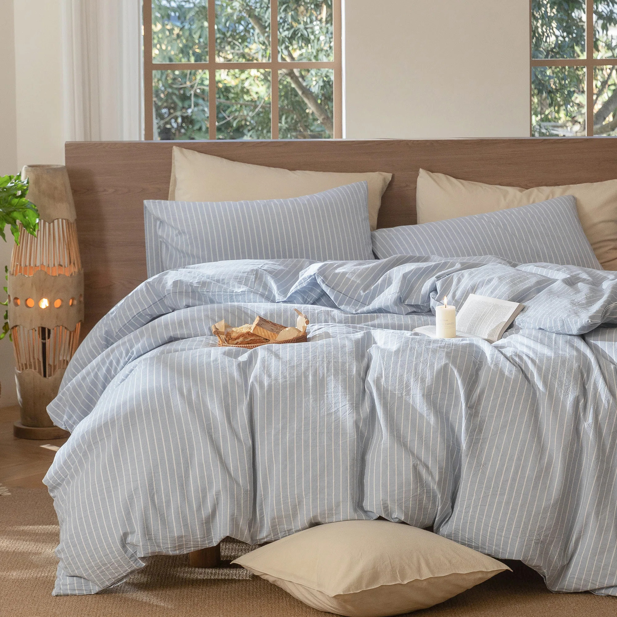 MooMee Striped Duvet Cover Set 100% Washed Cotton Linen Like Textured | Wayfair North America