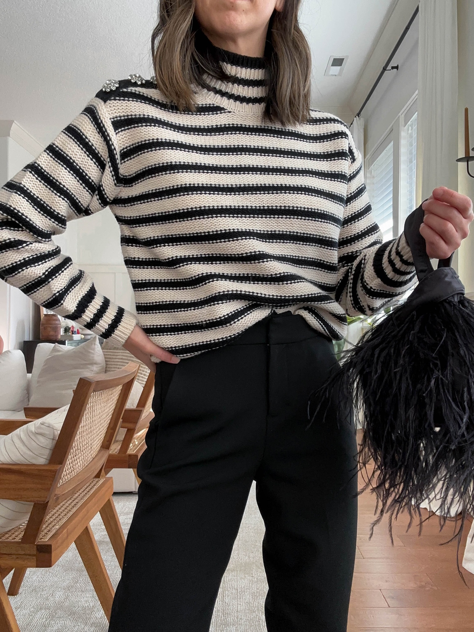 J.Crew Holiday. Lots 50% off. 

Sweater - j.Crew xs
Pants - J.crew petite 0
Bag - J.crew 