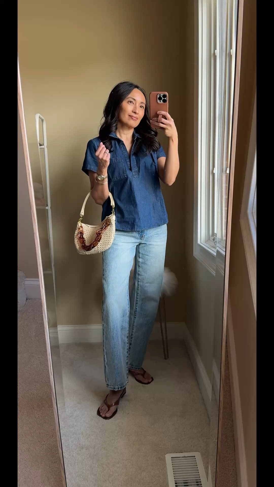 Spring outfits. Straight leg jeans may always be my favorite, but new denim trends are fun too. If you aren’t a big fan of barrel jeans, there are options that are easier to transition to abd feel more current. Bowed straight leg jeans like these from @Pistola Denim  are a great option. Here they are styled 3 ways for Spring. I love a good 100% cotton denim jean and this style gives a classic straight leg an updated feel with the slight bow. 
Sizing seems to run big; consider sizing down. Exact light wash with vintage vibe: Bowie. 

- Pink top is an elevated t-shirt style with very nice 100% cotton material. I sized up. 
- Dark denim chambray popover top  is a good one to pair with light bottoms. True to size. 
- Spring cardigan sweater feels soft. I sized up for room to layer  
