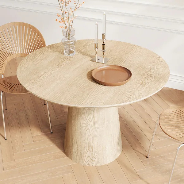 Round Dining Table for 4-6, Natural Wood Grain Dining Table with Cone Wood Pedestal Base, Rustic ... | Bed Bath & Beyond