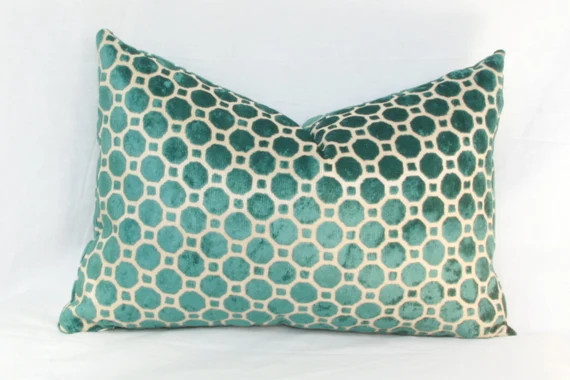 Teal velvet pillow cover 12x20 13x20 14x20 Turquoise Teal Emerald Green velvet  Robert Allen Geo ... | Etsy (US)