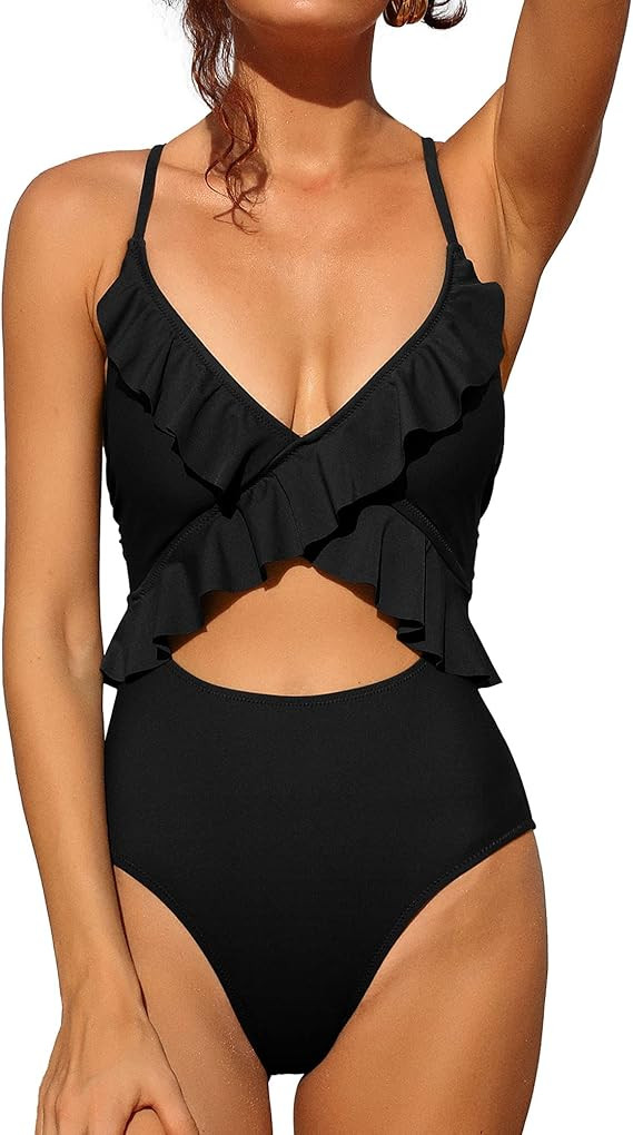 Charmo Cutout Womens One Piece Swimsuits Ruffle Bathing Suit High Cut Lace Up Monokini | Amazon (US)