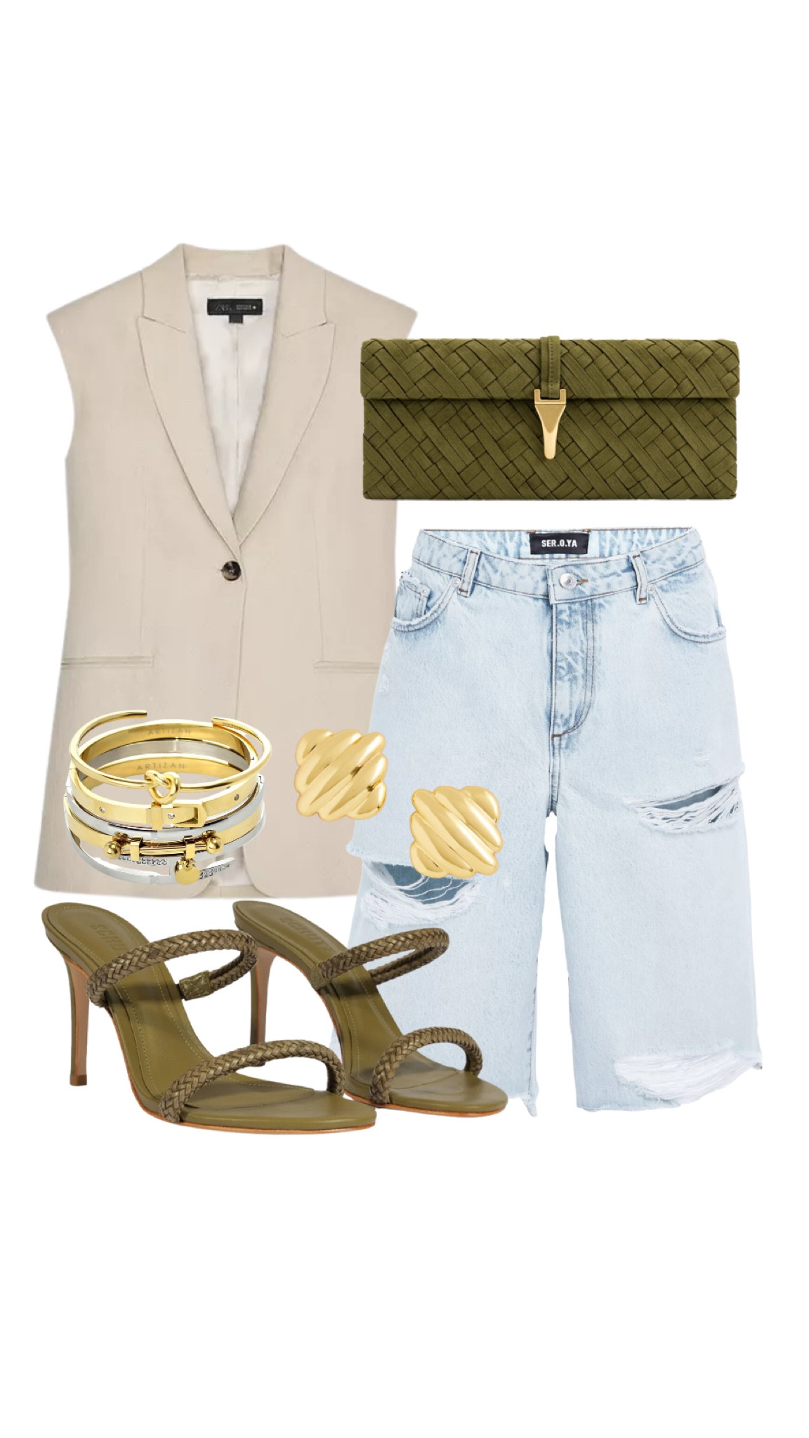Love this day time look. Shoulder pad vest from Zara, distressed Bermuda shorts, stud gold earrings, bracelet set and green clutch 

 #outfitlooks #styleinspo #fashion #fashionstyle #outfitinspo #stylist #ootd #outfitinspiration #outfitoftheday #outfitideas #zara #fashionblogger #dailyinspiration #fashionlover #styleblogger #fashiongram #explorepage #trend #personalstylist #datenight #chic #waystostyle #howtostyle #waystowear #fashiontips #womensfashion #winter #springoutfit #springfashion #LTKFashionMonth #LTKspring

#LTKStyleTip #LTKU