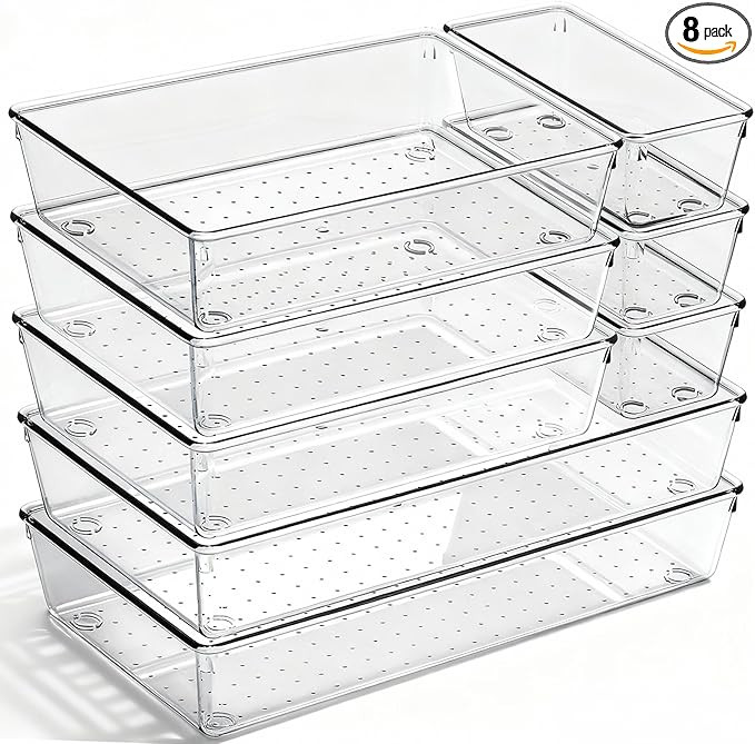 8 Pack Large Clear Plastic Drawer Organizer Bins - Acrylic Bathroom Drawer Organizer Trays - Heav... | Amazon (US)