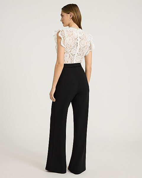 EXPRESS x bebe Lace Color Block V-Neck Belted Wide Leg Jumpsuit | Express