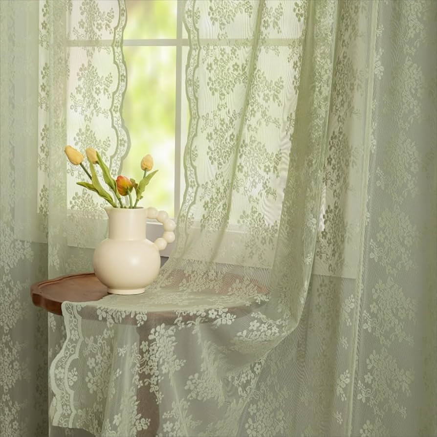 YJ YANJUN Vintage Lace Curtains 63 Inch Length-Elegant Floral Sage Green Sheer Curtain Panels for... | Amazon (US)
