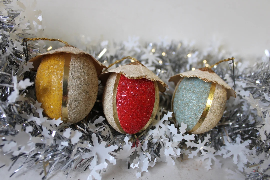 3 Vintage Christmas Ornaments Mica Red Yellow Blue Holiday - Etsy | Etsy (US)