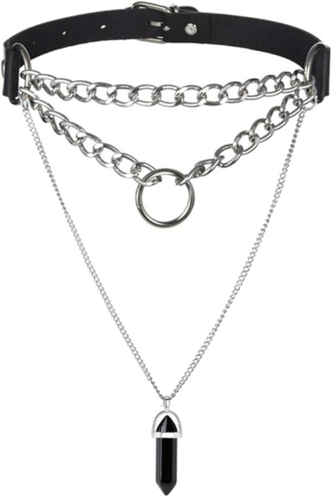 Jiangke Layered Quartz Crystal Stone Choker Necklace Women Girls Black Leather Chain Choker Colla... | Amazon (UK)