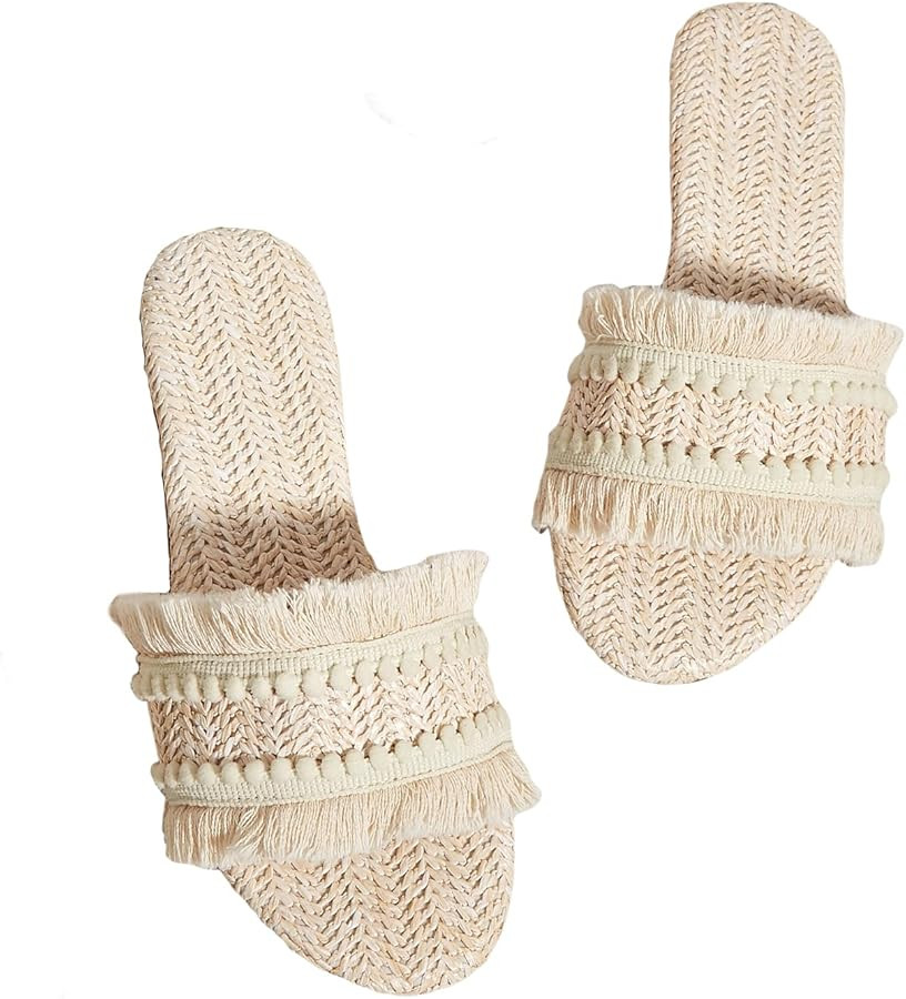 Verdusa Women's Fringe Straw Flat Slipper Boho Sandals Open Toe Beach Slides | Amazon (US)