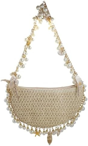 Women Pearl Straw Clutch Purse Woven Summer Beach Evening Bag Wedding Party Straw Shoulder Handba... | Amazon (US)