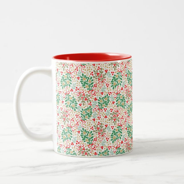 Holiday Cheer - Christmas Greens and Holly Berries Two-Tone Coffee Mug | Zazzle