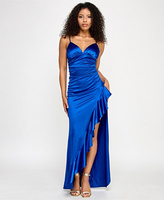 Juniors' Sateen Sweetheart-Neckline Ruffled Slit Gown | Macy's