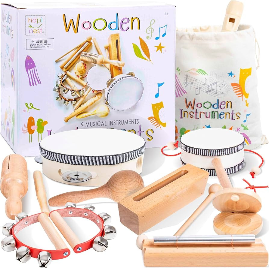 Hapinest Montessori Wooden Musical Toy Instruments 9 Piece Set for Kids Boys and Girls for Babies... | Amazon (US)
