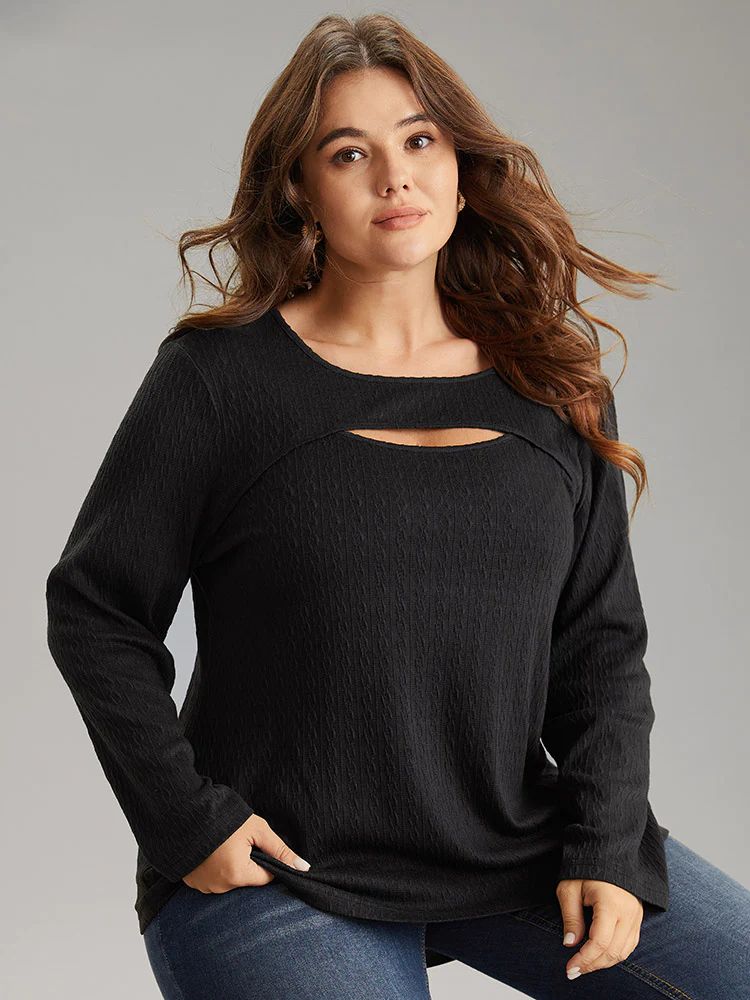 Solid Texture Keyhole Knit T-shirt | Bloomchic