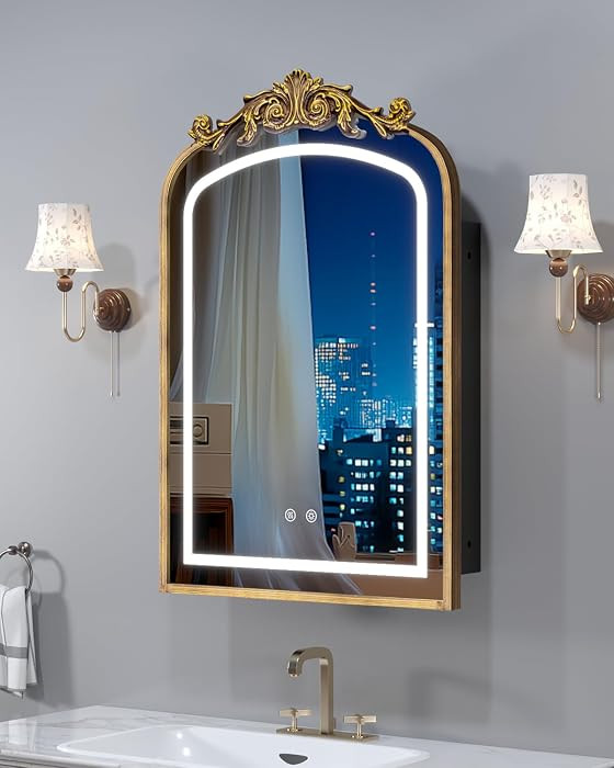 20"x30" LED Bathroom Medicine Cabinet with Mirror and Lights, Bronze Hand-Painted Baroque Bathroo... | Amazon (US)