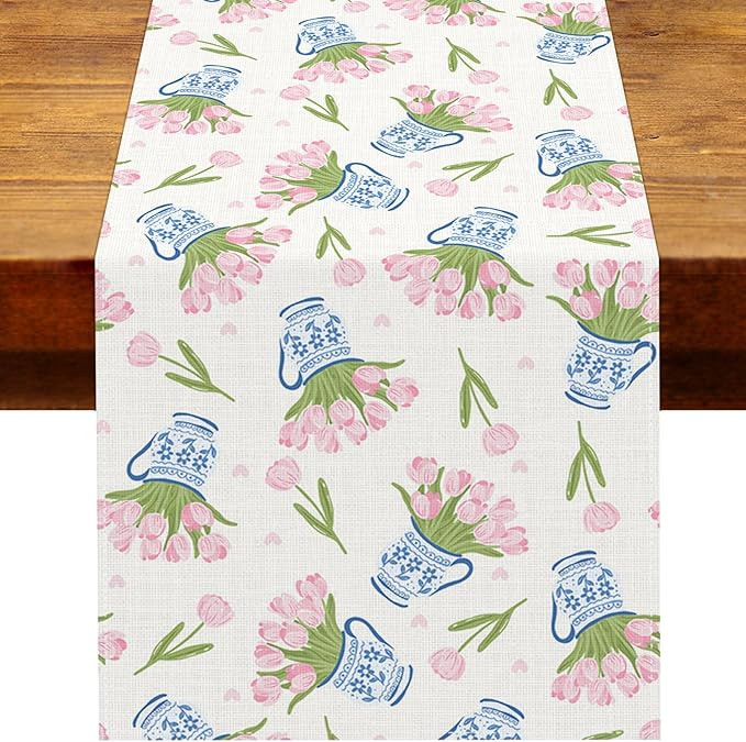 Chinoiserie Tulip Table Runner Blue Toile Porcelain Easter Spring Seasonal Anniversary Party Deco... | Amazon (US)
