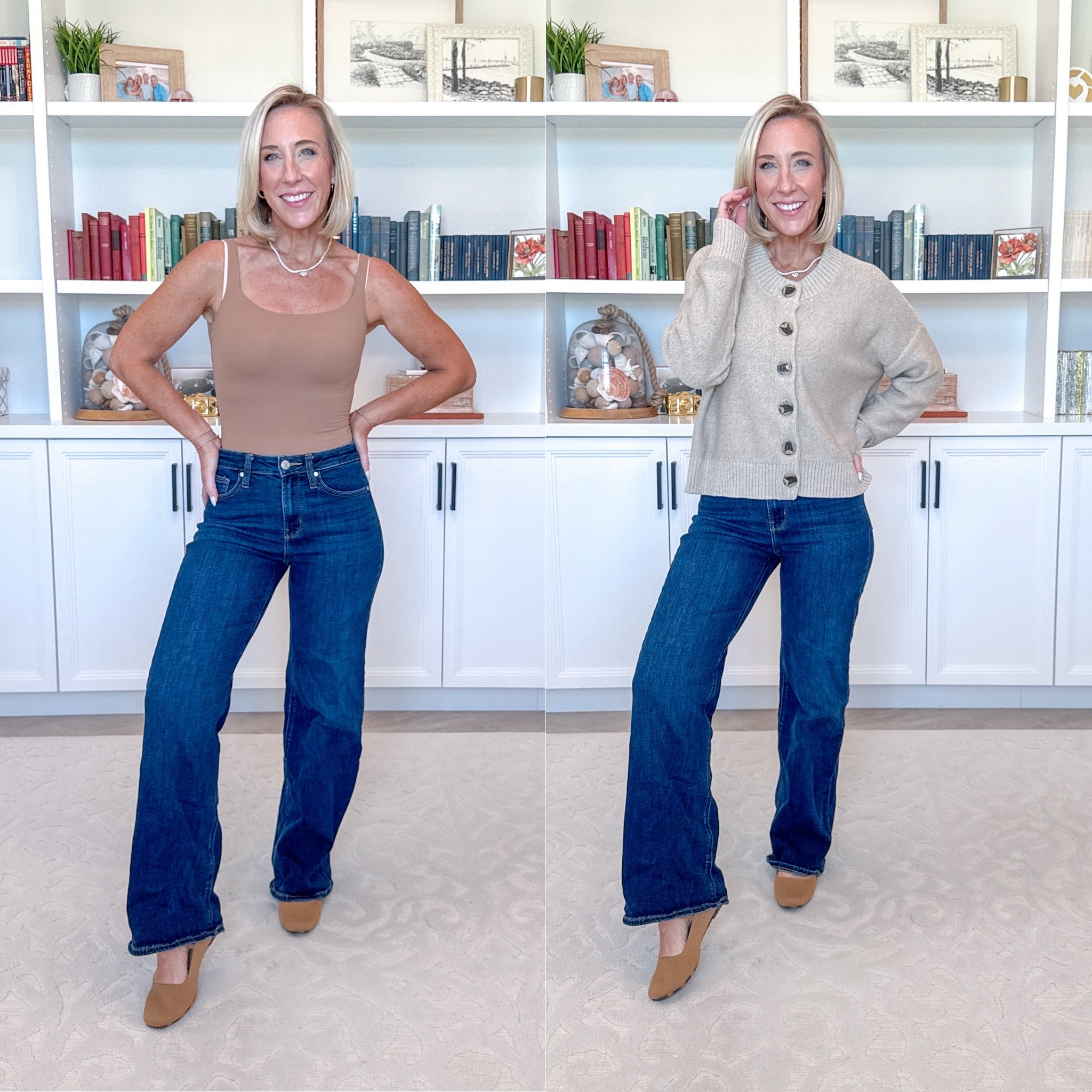 Quince - denim & dresses (pieces I loved so much, I re-ordered!) * Bella Stretch Wide Leg Jeans - Size: 25 - Inseam: 30. Color: Midnight Blue * 100% Organic Cotton Cropped Cardigan - size Small. Color: Cement Marl. * Second Skin Square Neck Tank Bodysuit - size Small. Color: Mocha. #quincepartner @quince

 

 