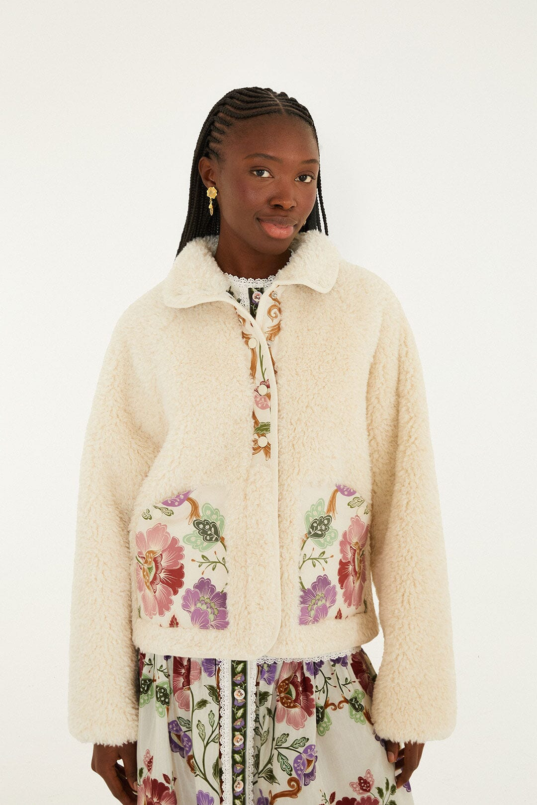 Cream Rococo Flowers Bomber Fleece Jacket | FARM Rio | FarmRio (US)