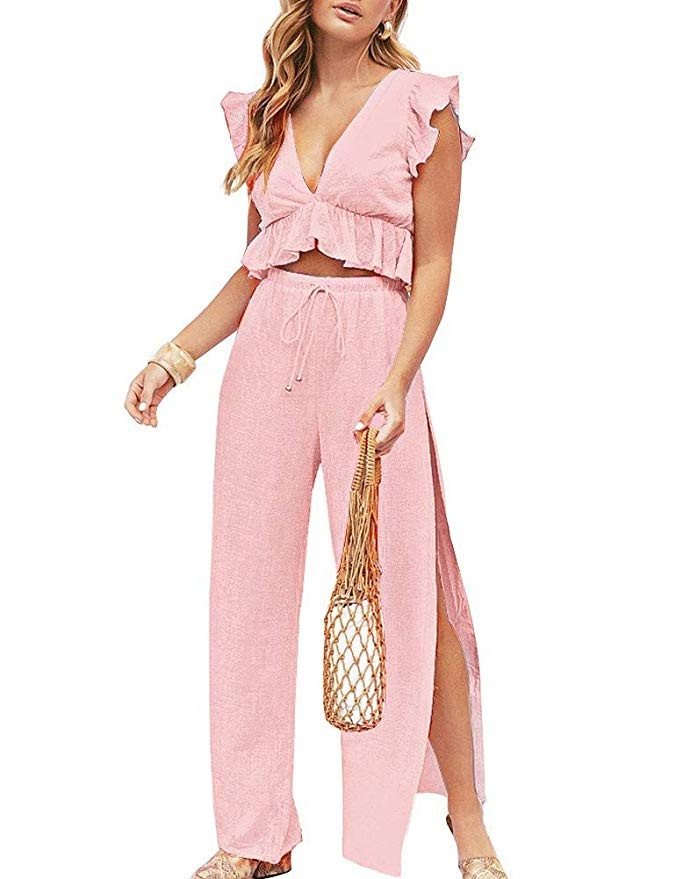 FANCYINN Womens 2 Pieces Outfits Deep V Neck Crop Top Side Slit Drawstring Wide Leg Pants Set Jum... | Amazon (US)