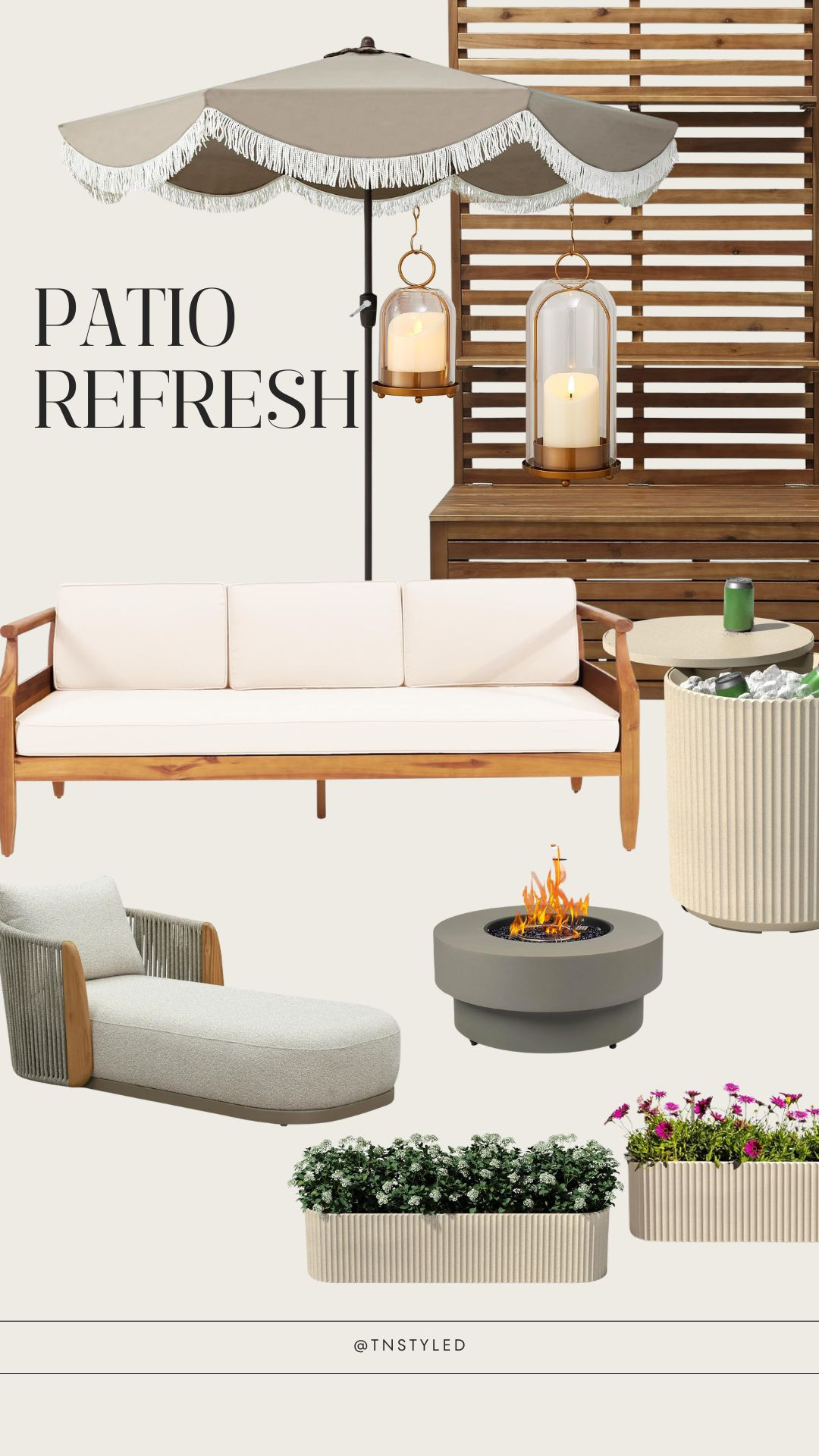 Patio glow up! outdoor sofa, cooler side table, outdoor lounge chair, patio umbrella, outdoor wooden hall, hanging candle holder, planter box, fire pit 

 #LTKHome