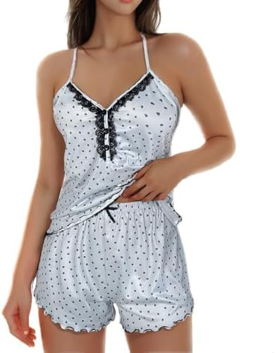 Womens Y2k 2 Piece Lace Set Sexy Silk Satin Sleeveless Cami Top Shorts Pajamas Sets Sleepwear Val... | Amazon (US)