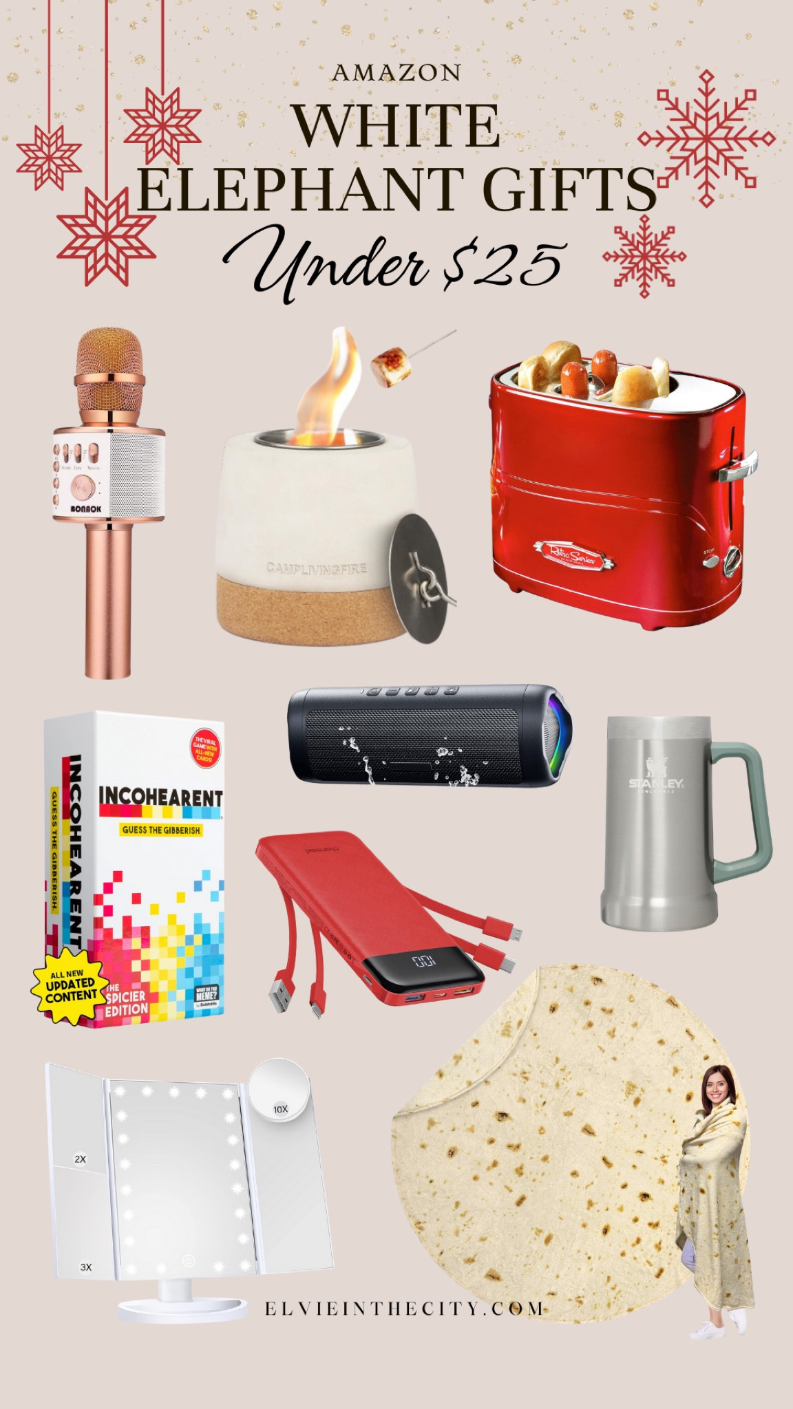 White elephant gifts ideas under $25 include a karaoke microphone, a table top fire pit, a nostalgia hot dog and bun toaster, a game, portable Bluetooth speaker, a Stanley Cup beer stein, portable charger, a lighted mirror, and a burrito blanket.

Gifts for him, gifts for her, gift exchange, gifts under 25

#LTKGiftGuide #LTKSeasonal #LTKHoliday