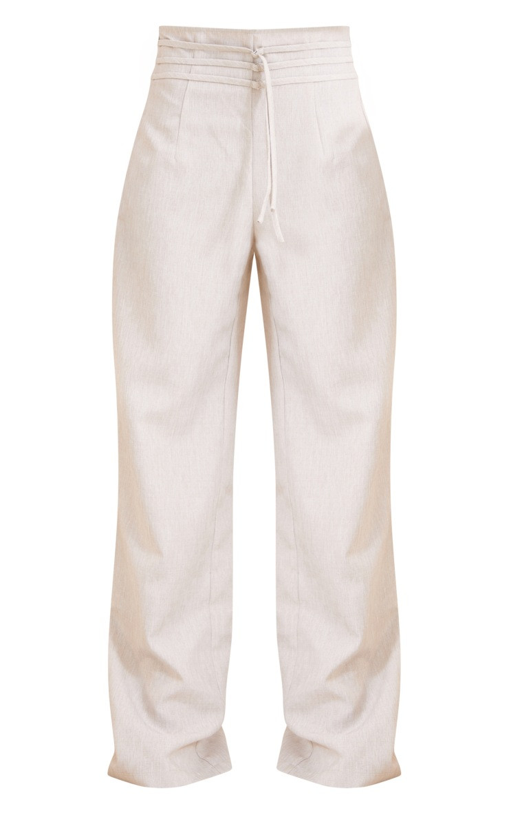 Light Grey Linen Feel Tie Front Straight Leg Trousers | PrettyLittleThing UK