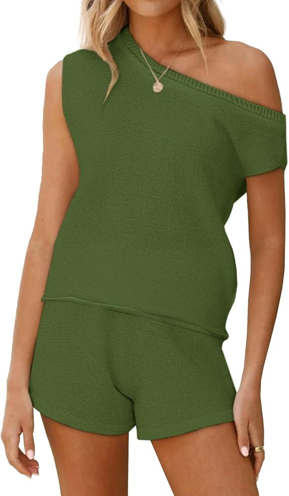 Tankaneo Womens Off The Shoulder 2 Piece Outfits Sweater Sets Shorts Casual Matching Lounge Sets ... | Amazon (US)