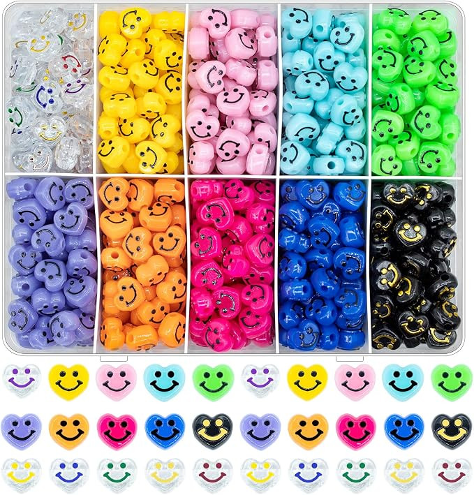 480Pcs Smiley Face Beads Heart Shape, 10mm Acrylic Round Happy Face Loose Spacer Bead Colorful Sm... | Amazon (US)