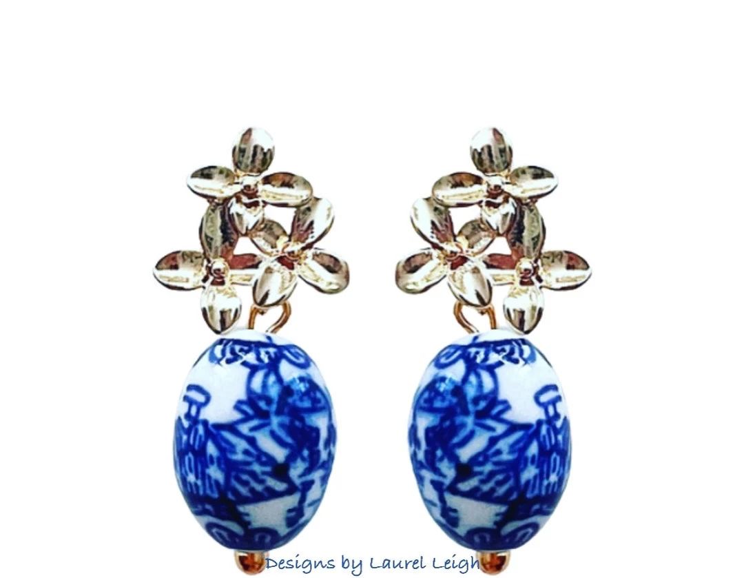 Blue & White Chinoiserie Gold Hydrangea Earrings Floral, Grandmillennial, Ginger Jar, Bridesmaid,... | Etsy (US)
