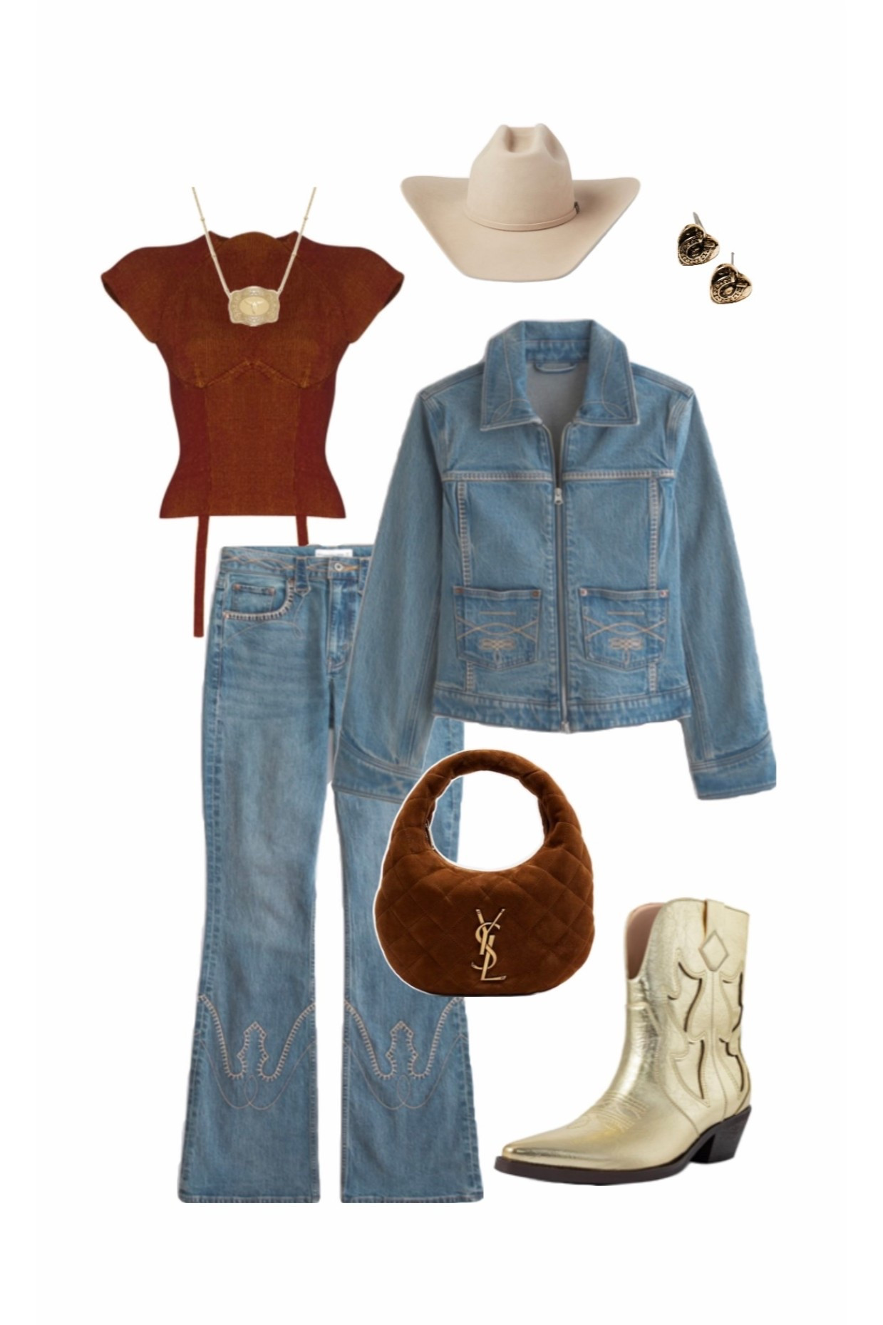 Western chic outfit — denim on denim matching set 

western outfit, western denim outfit, cowgirl outfit, western jacket outfit, denim on denim outfit, corset top outfit, flare jeans outfit, western boots outfit, gold cowboy boots, western accessories, Nashville outfit, country concert outfit, western fashion women, rodeo outfit idea 