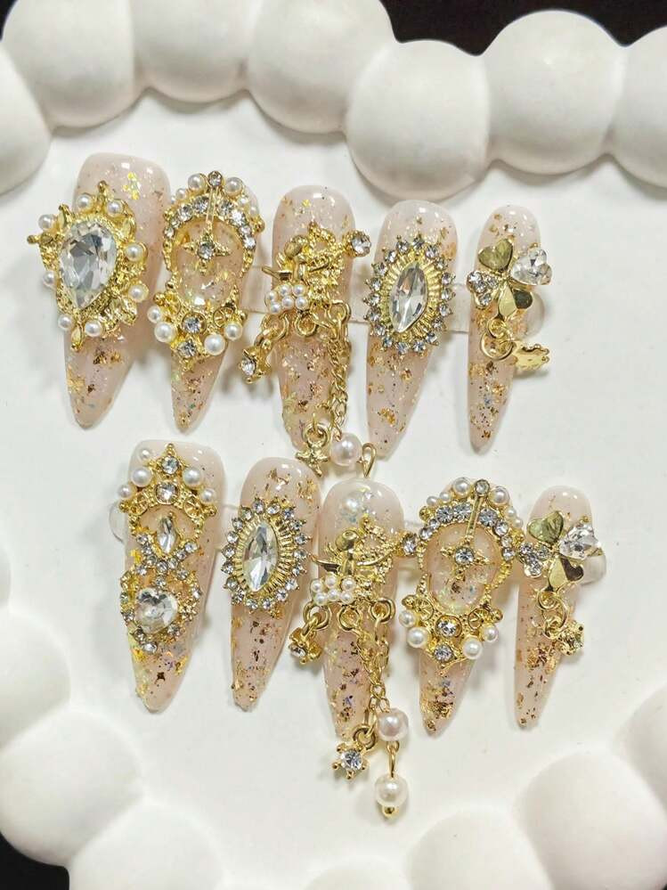10pcs Handmade Luxurious High-End Rhinestone False Nails, Decorative Chain Pendant Nail Art Desig... | SHEIN