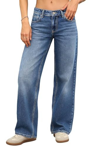 ELLEVEN Low Rise Baggy Jeans for Women Trendy Stretchy Y2K Wide Leg Jeans Boyfriend Straight Leg Denim Pants Blue Denim 6 | Amazon (US)