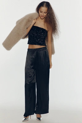 By Anthropologie Lace Insert Wide-Leg Pull-On Satin Pants | Anthropologie (US)