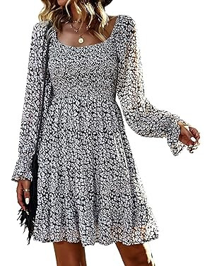 BTFBM Women Square Neck Smocked Dresses 2024 Summer Spring Long Sleeve Floral Swiss Dot Ruffle Pa... | Amazon (US)
