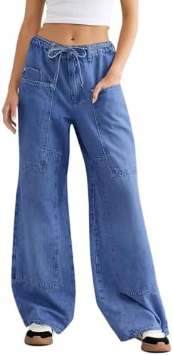Cicy Bell Womens Wide Leg Jeans Vintage Mid Rise Baggy Boyfriend Belted Denim Pants with Pockets | Amazon (US)