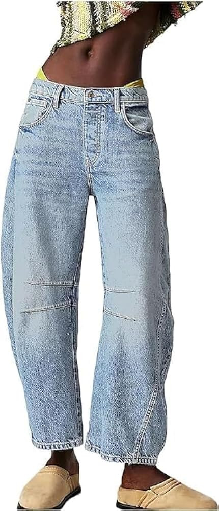 Women's Baggy Boyfriend Jeans Mid Rise Barrel Jeans Wide Leg Loose Y2k Cropped Denim Pants with P... | Amazon (US)