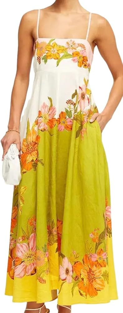 Women's Summer Sleeveless Floral Print Maxi Dress Square Neck Y2k Spaghetti Strap Dress Beach Sun... | Amazon (US)