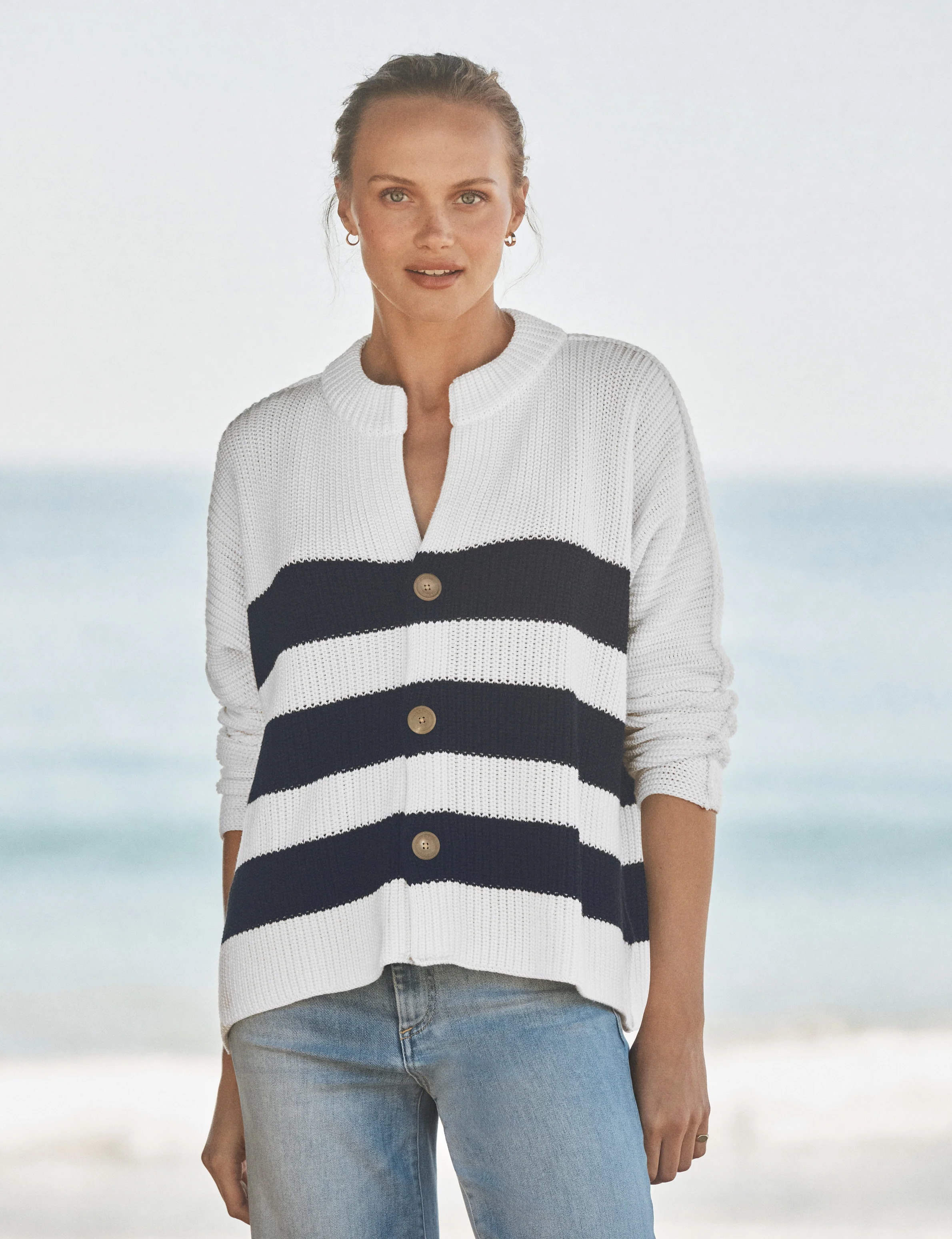 MONTECITO CARDIGAN White and Navy Stripe, Pure Italian Cotton | Frank & Eileen