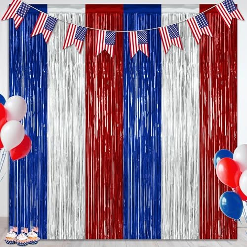 2 Pack 4th of July Decorations, 3.28 FT x 7.05 FT 250 Anniversary Tinsel Backdrop, Red Silver Blu... | Amazon (US)