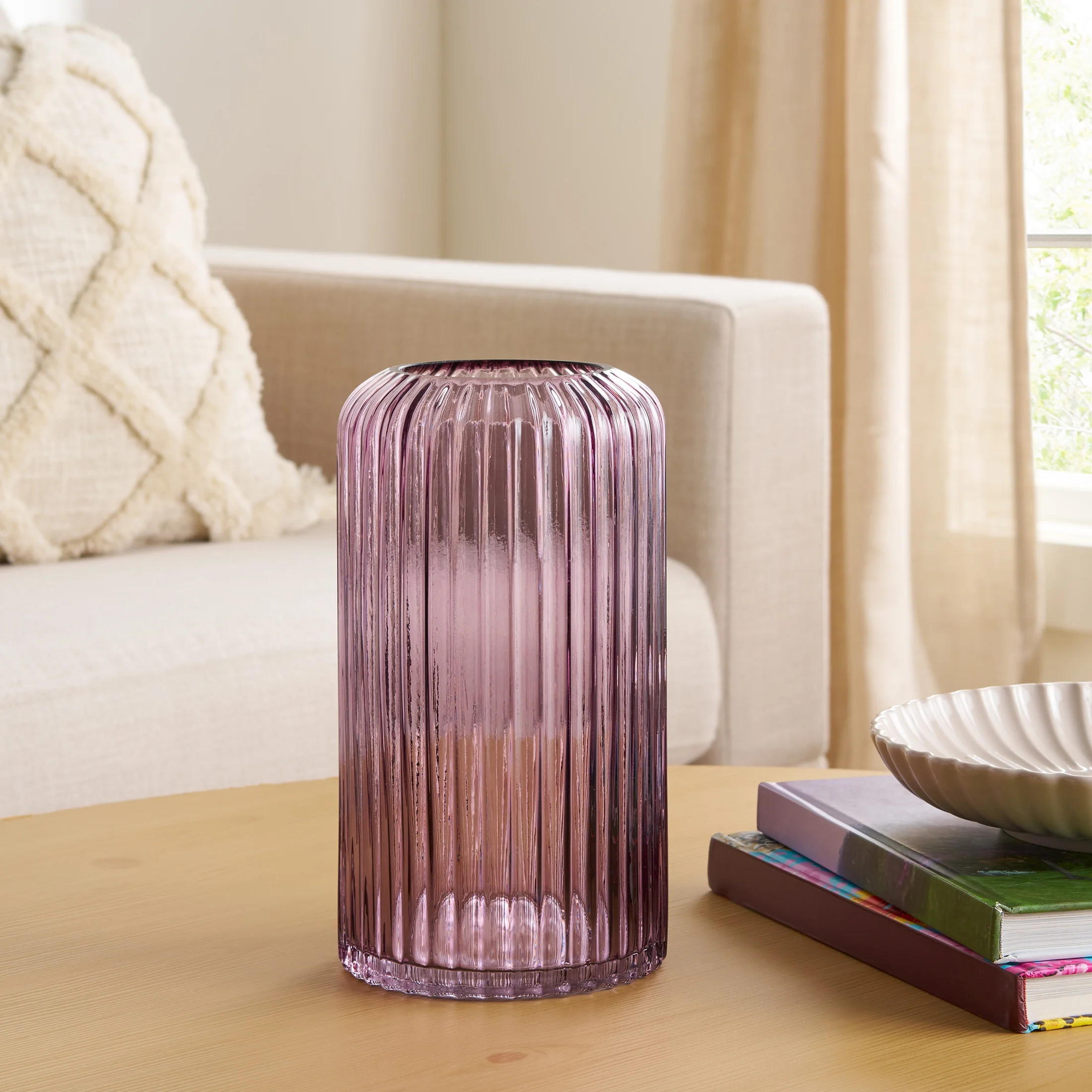 Better Homes & Gardens 9.8" Pink Ribbed Cylinder Glass Vase | Walmart (US)