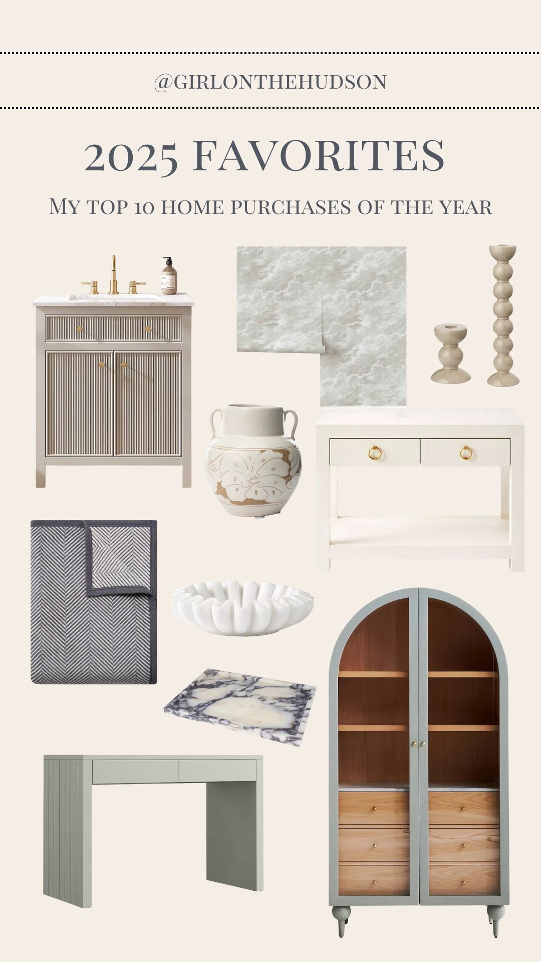 My top 10 home purchases of the year! 

The prettiest bathroom vanity, our Anthropologie dining room display cabinets, bobbin candlesticks,  marble fray (from Amazon!), our living room peel-and-stick wallpaper, the coziest fleece blanket, our bedside tables, a gorgeous vase and my marble bowl that I keep moving from room to room! 

#LTKSaleAlert #LTKGiftGuide #LTKHome