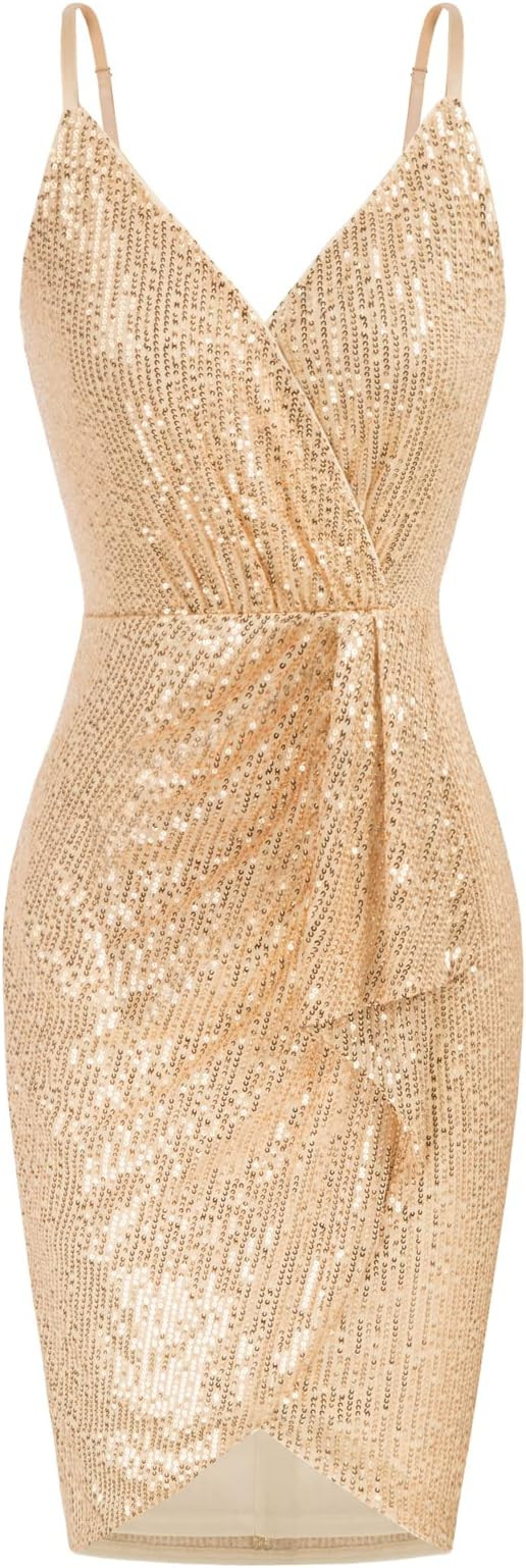 GRACE KARIN Women's Sexy Sequin Dress Wrap V-Neck Ruched Bodycon Spaghetti Straps Cocktail Party ... | Amazon (US)