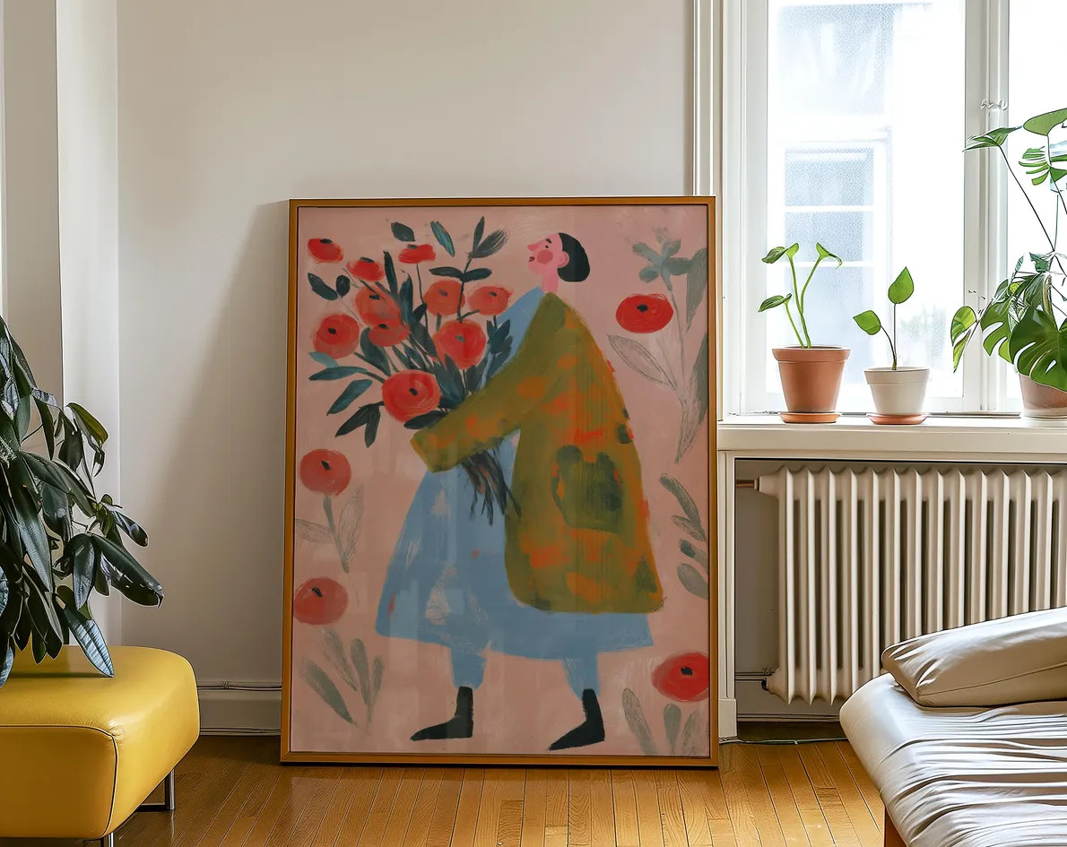 Woman with Flowers Folk Art Print, Boho Floral Wall Art (Digital Download) | Etsy (Global)