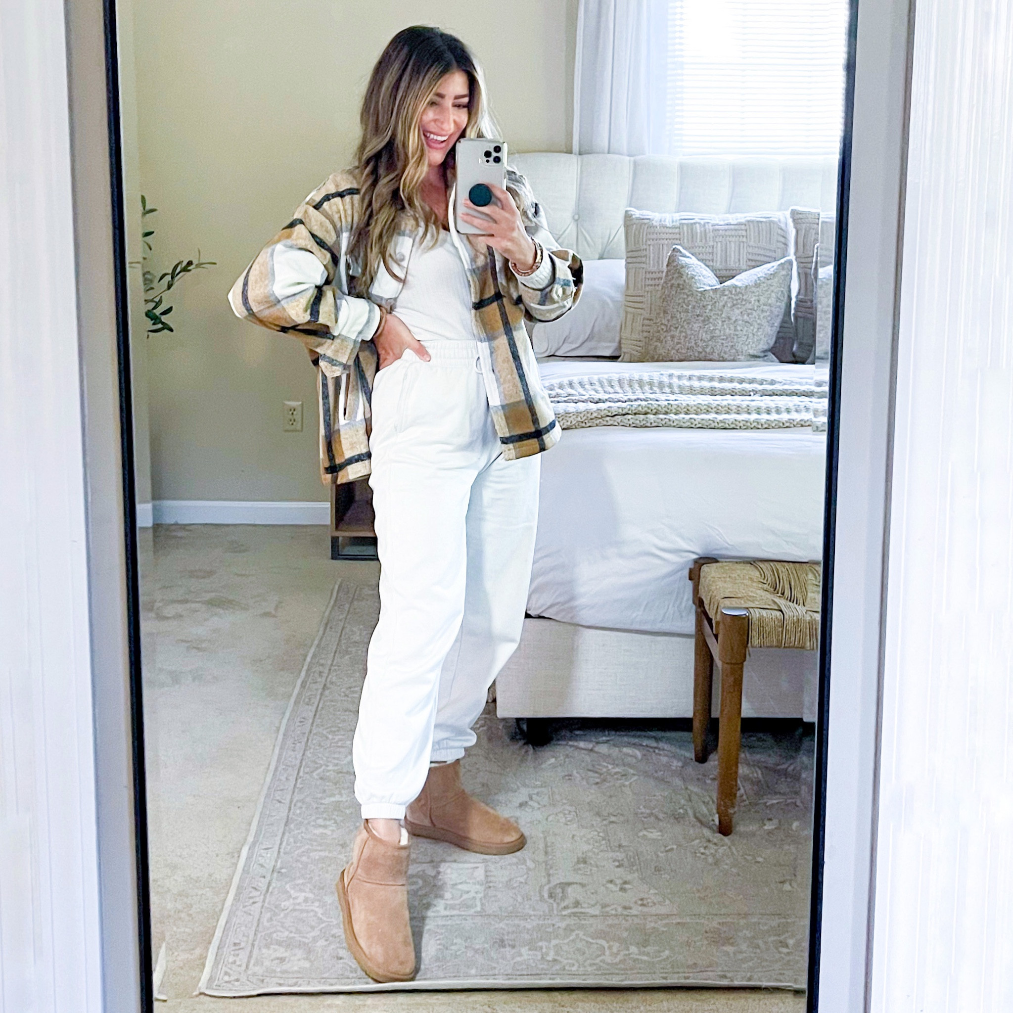 Cozy fall outfit. H&M sweatpants, Target long sleeve scoop neck ribbed shirt, Goodnight Macaroon shacket (size medium)-use code LAURENHORN for 40% OFF. Ugg boots mini size 7

#LTKshoecrush #LTKstyletip #LTKSeasonal